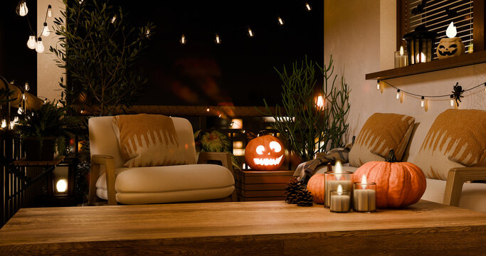 Halloween Decorated Balcony Night Scene with Jack o Lantern and Candles