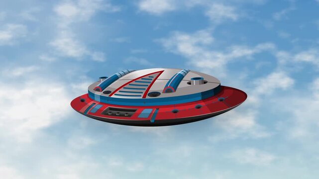 Animated Retro UFO Spacecraft Floating Against a Blue Cloudy Sky