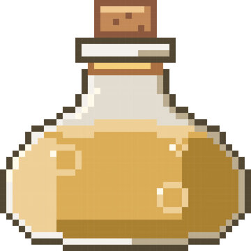 Amber Magic Potion with Rounded Flask and Cork in Retro Pixel Art