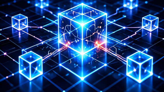 Glowing digital cubes connected by light pathways representing decentralized blockchain networks and distributed ledger technology