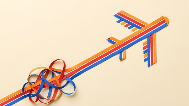 Colorful paper ribbon airplane taking off from a tangled knot visualizing business problem solving simplification and clear strategic direction