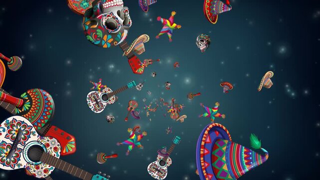 Mexican Fiesta and Day of the Dead Elements Floating Animation
