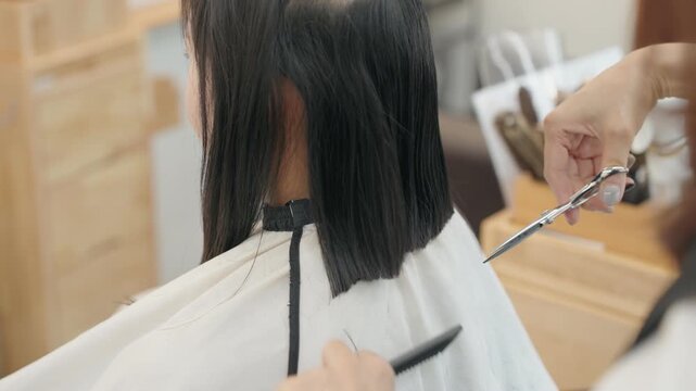 Back view of hairdresser cutting woman long dark hair into short bob with scissors and comb trimming even straight line at back of head in beauty salon