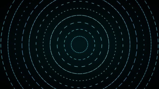 Abstract concentric dashed circles expanding outwards on a dark background representing data flow or network connections