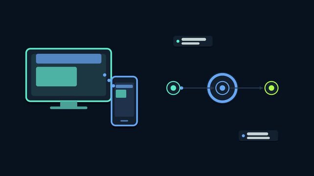 Seamless 4K looping animation explaining screen sharing session, with the diagram mirroring displays. Flat vector shapes, glowing blue and azure connector lines and dark UI cards with blank text place