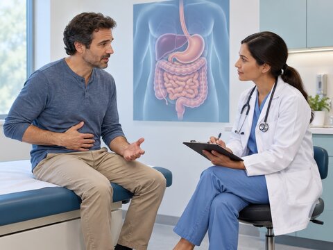 doctor discusses unexplained digestive symptoms with patient