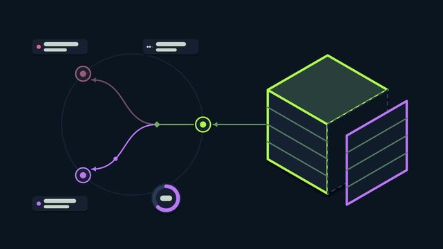 Animated chaos experiment concept in a modern dark mode style, testing cube resilience in a smooth 4K seamless loop. Neon teal and turquoise accents, flowing dots and placeholder interface cards on a 