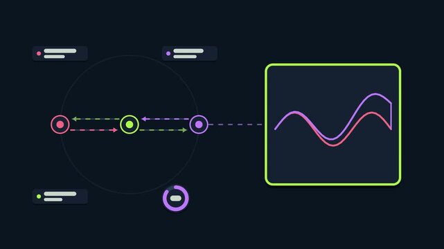 Seamless 4K looping animation explaining model drift monitoring, with the diagram comparing baselines. Flat vector shapes, glowing bright green connector lines and dark UI cards with blank text placeh
