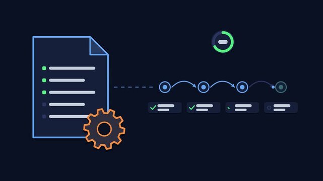 Animated runbook automation concept in a modern dark mode style, executing ordered steps in a smooth 4K seamless loop. Neon blue and azure accents, flowing dots and placeholder interface cards on a da