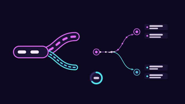 Animated canary release concept in a modern dark mode style, splitting traffic share in a smooth 4K seamless loop. Neon purple and violet accents, flowing dots and placeholder interface cards on a dar