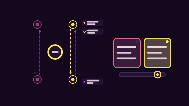 Seamless 4K looping animation explaining blue green deploy, with the diagram switching live traffic. Flat vector shapes, glowing purple and violet connector lines and dark UI cards with blank text pla
