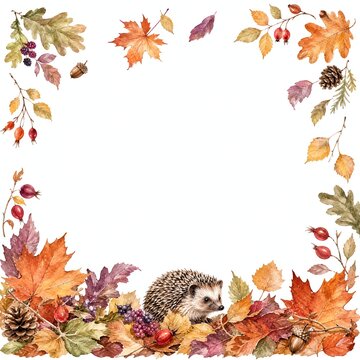 Watercolor Hedgehog in Fallen Autumn Leaves With Bottom Border