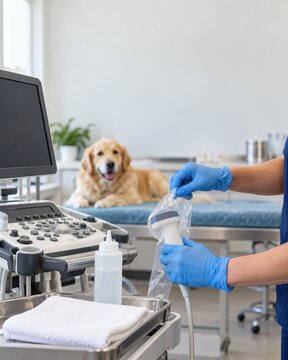 veterinarian performs an ultrasound exam on a dog