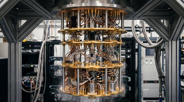 Quantum computer dilution refrigerator with gold plates and intricate wiring in a research laboratory