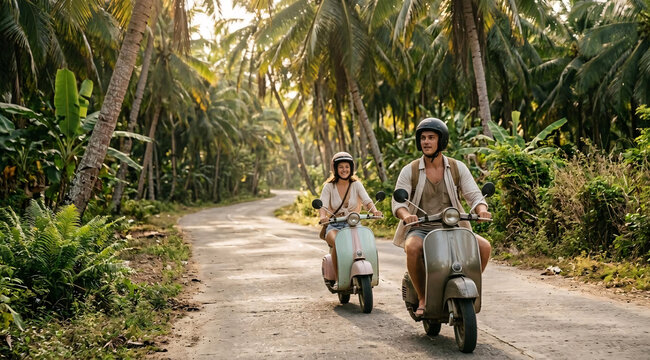 Two travelers riding scooters through a lush coconut palm forest on a tropical island road