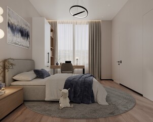 Modern teen bedroom interior design 3D rendering with study desk, white wardrobe, single bed and blue accents © IN Design