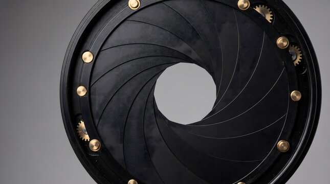 Macro close-up of a camera lens aperture with black metal shutter blades