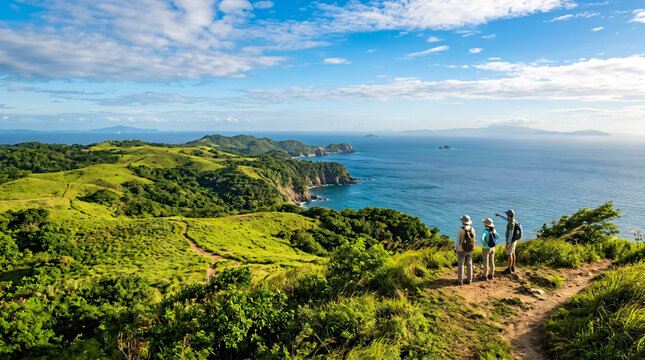 Hikers overlooking rolling green coastal hills, rocky headlands, islands, and expansive blue sea