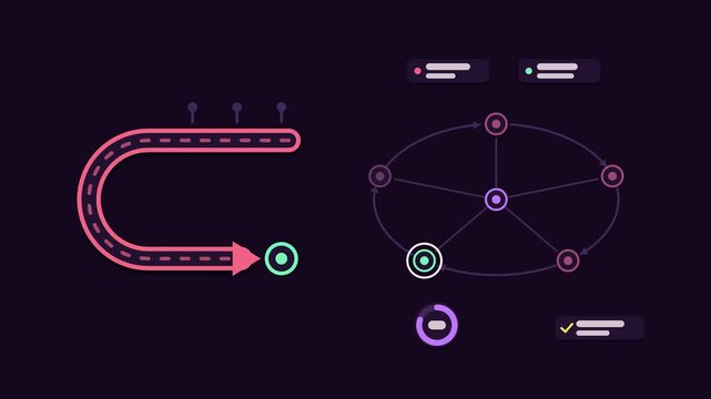 Animated rollback to previous concept in a modern dark mode style, restoring version in a smooth 4K seamless loop. Neon purple and violet accents, flowing dots and placeholder interface cards on a dar