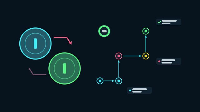 Seamless 4K looping animation explaining currency conversion step, with the diagram applying exchange rates. Flat vector shapes, glowing teal and turquoise connector lines and dark UI cards with blank