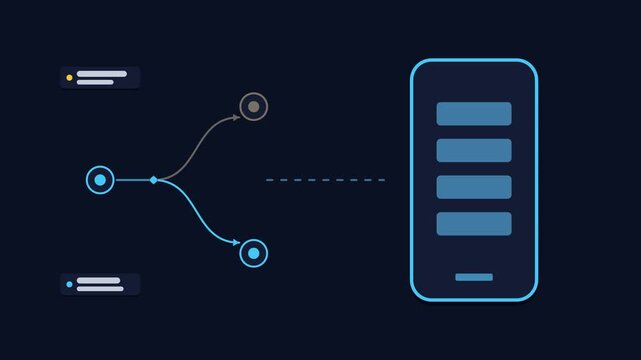 Seamless 4K looping animation explaining dark mode switch, with the diagram changing themes. Flat vector shapes, glowing blue and azure connector lines and dark UI cards with blank text placeholders s