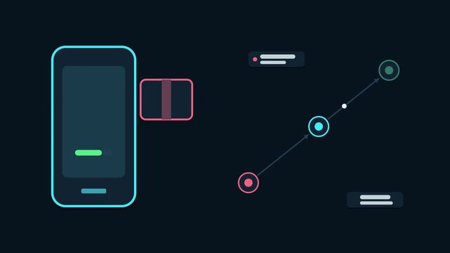 Seamless 4K looping animation explaining software update install, with the diagram patching devices. Flat vector shapes, glowing blue and azure connector lines and dark UI cards with blank text placeh