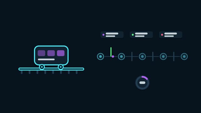 Animated release train cadence concept in a modern dark mode style, departing on schedule in a smooth 4K seamless loop. Neon blue and azure accents, flowing dots and placeholder interface cards on a d