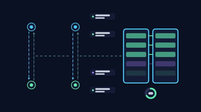 Seamless 4K looping animation explaining account reconciliation, with the diagram matching records. Flat vector shapes, glowing blue and azure connector lines and dark UI cards with blank text placeho