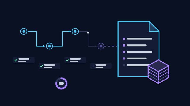 Animated infrastructure as code concept in a modern dark mode style, applying blueprint in a smooth 4K seamless loop. Neon blue and azure accents, flowing dots and placeholder interface cards on a dar