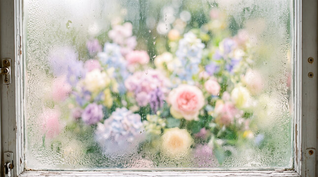 water droplets condensation steamy glass window vintage wooden frame overlooking blurred colorful blooming flowers botanical summer garden sunny outdoor background