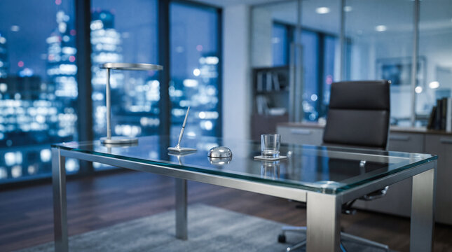 Modern executive glass desk with lamp water tumbler and leather office chair overlooking illuminated city skyline at night through window
