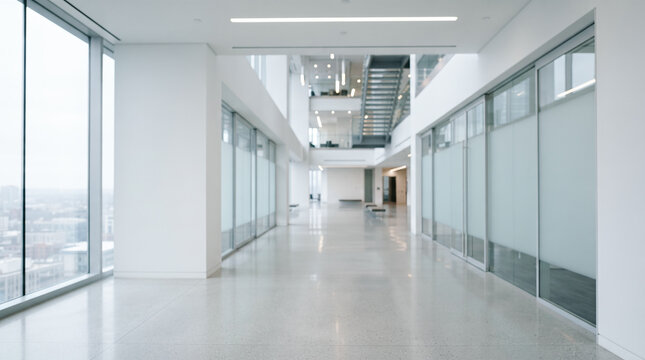 Empty modern commercial corporate office hallway featuring polished concrete floor glass walls upper level staircase and large daylight panoramic windows
