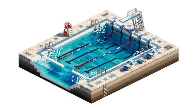 Isometric Voxel Art illustration of a public swimming pool with diving board and lifeguard chair.