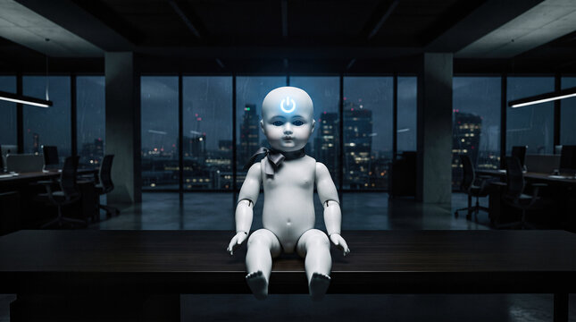 porcelain robot baby doll sitting dark boardroom table glowing power icon forehead artificial intelligence concept night city view background futuristic technology