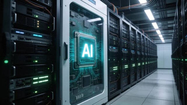 Artificial Intelligence AI Chip Glowing in Modern Data Center Server Room