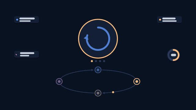 Seamless 4K looping animation explaining webhook retry queue, with the diagram resending events. Flat vector shapes, glowing blue and azure connector lines and dark UI cards with blank text placeholde