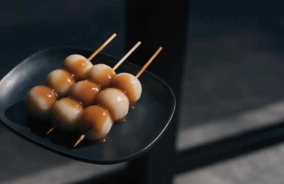 Japanese mitarashi dango skewers with sweet soy glaze on a dark plate with copy space