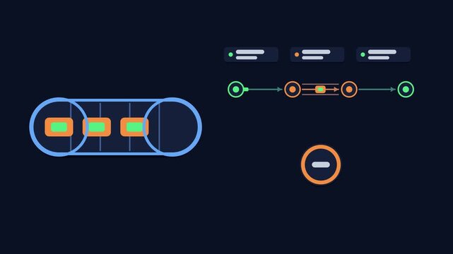 Animated vpn tunnel encapsulation concept in a modern dark mode style, wrapping packets in a smooth 4K seamless loop. Neon blue and azure accents, flowing dots and placeholder interface cards on a dar