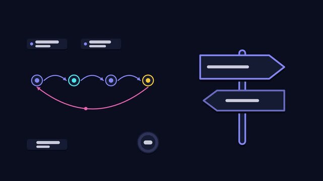 Animated dns resolution chain concept in a modern dark mode style, resolving names in a smooth 4K seamless loop. Neon blue and azure accents, flowing dots and placeholder interface cards on a dark bac