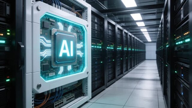 Futuristic Artificial Intelligence Processor Display Inside Modern Enterprise Data Center Server Room with Advanced Cloud Computing Infrastructure