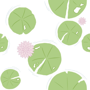 Seamless pattern of green lily pads and pink water lily flowers with blue water ripples on white background, hand drawn flat illustration