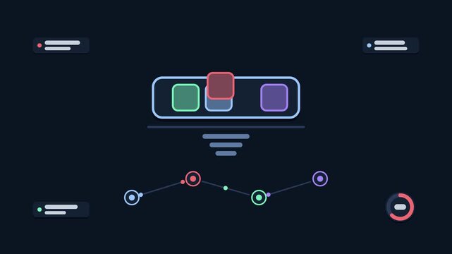 Animated traffic shaping queue concept in a modern dark mode style, reordering priorities in a smooth 4K seamless loop. Neon blue and azure accents, flowing dots and placeholder interface cards on a d