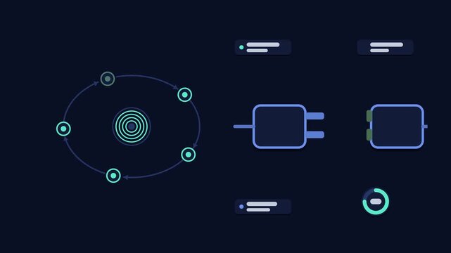 Seamless 4K looping animation explaining websocket reconnect backoff, with the diagram restoring connections. Flat vector shapes, glowing blue and azure connector lines and dark UI cards with blank te
