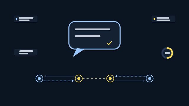 Seamless 4K looping animation explaining read receipt propagation, with the diagram confirming delivery. Flat vector shapes, glowing blue and azure connector lines and dark UI cards with blank text pl