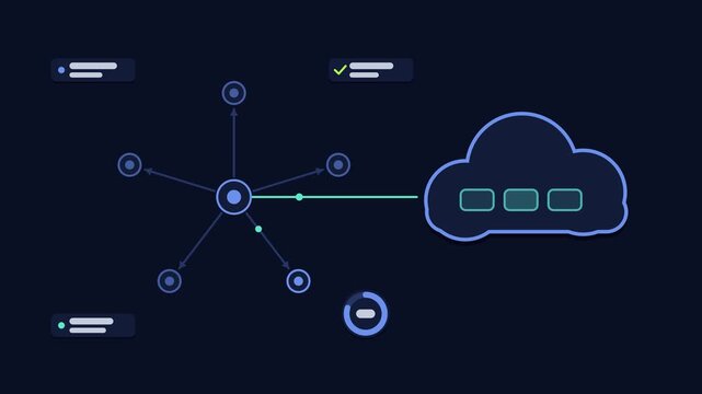 Animated edge caching layer concept in a modern dark mode style, serving nearby clients in a smooth 4K seamless loop. Neon blue and azure accents, flowing dots and placeholder interface cards on a dar