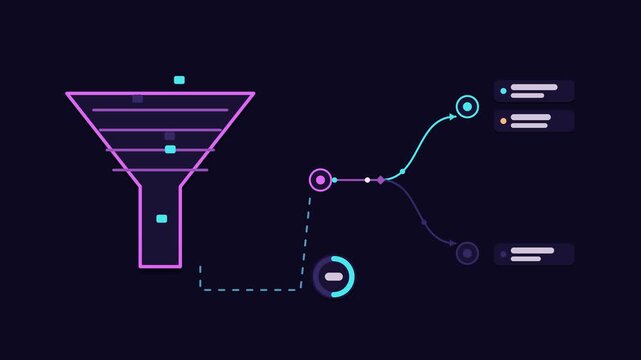 Seamless 4K looping animation explaining packet capture filter, with the diagram sorting matched packets. Flat vector shapes, glowing purple and violet connector lines and dark UI cards with blank tex