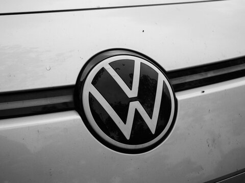 Germany, Paderborn, October 08. 2026, Volkswagen (VW) logo emblem mounted on the silver metallic grille of a vehicle