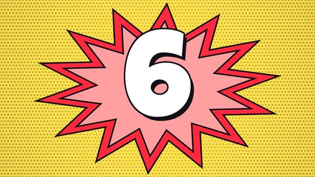 Comic book style countdown timer with numbers 10, 5, and 0 displayed in starbursts on a yellow dotted background