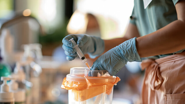 Female nurse disposing of a used syringe