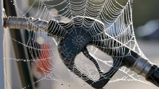Spider web spun on gas pump nozzle indicating abandoned fossil fuels
